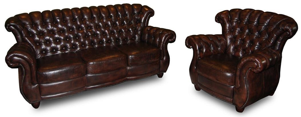 3 Seater and 1 Seater Chesterfield Suite in washed off brown leather