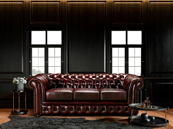 Winchester Chesterfield 3 seater in washed off burgandy leather